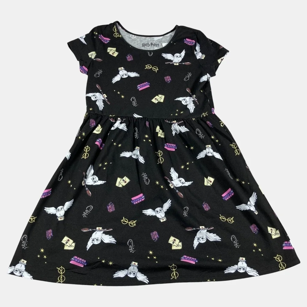 Harry Potter Kids Girls Hedwig Owl Print Dress Size 2X‎ Black Short Sleeve New